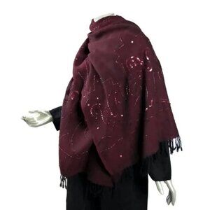 Maroon Beaded Burnout Scarf Shawl Fringed Wool Acrylic Blend (?) 76x26"